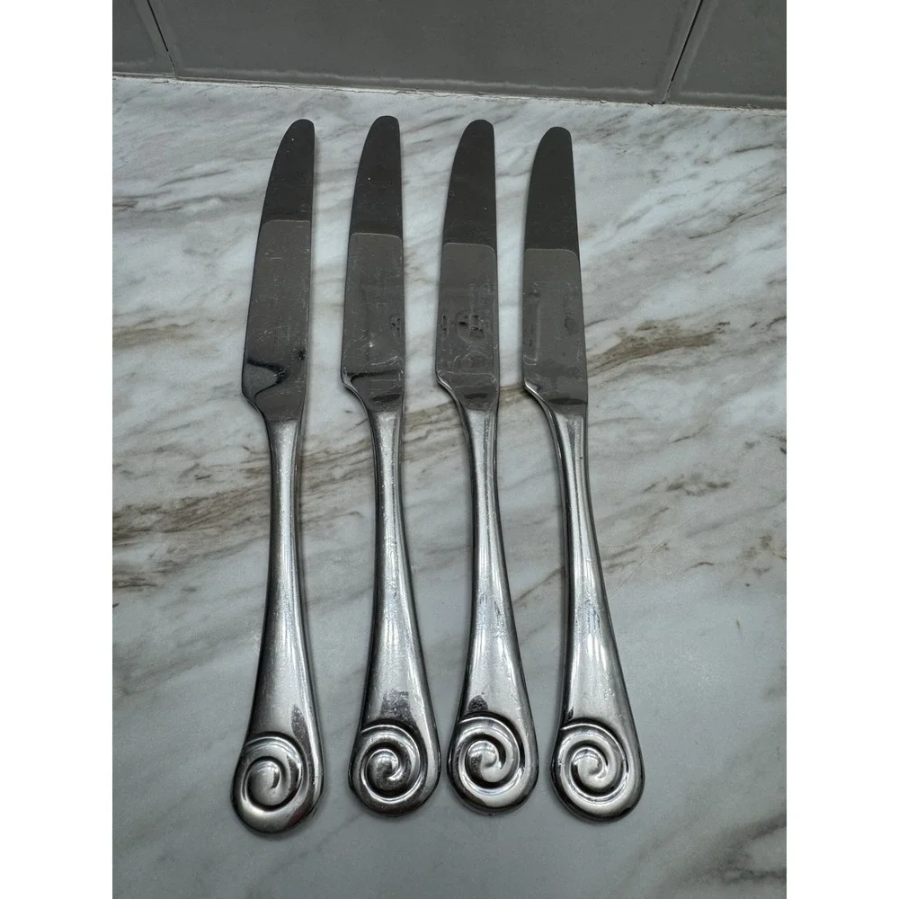Robert Welch Stainless AMMONITE Satin Dinner Knife Swirl Flatware 4 Knives